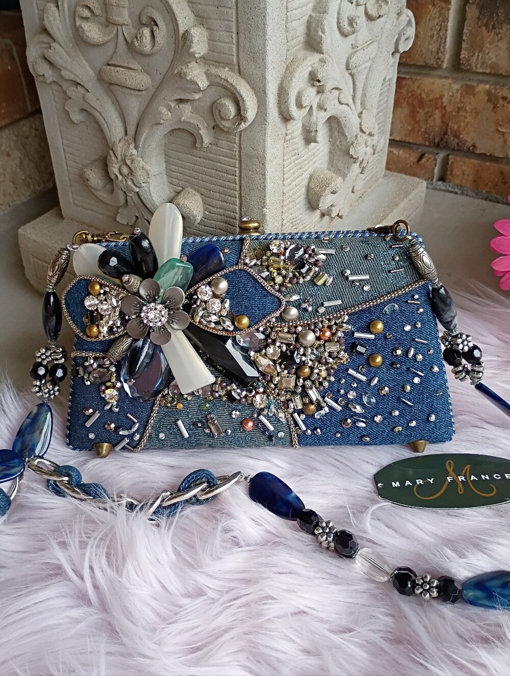 Mary Frances Premium Denim Beaded Blue Jean Floral Bag